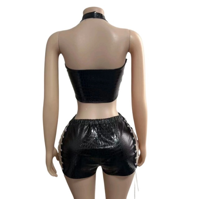 PU Leather Halter Neck Top Chains Laced-up Mini Short Set