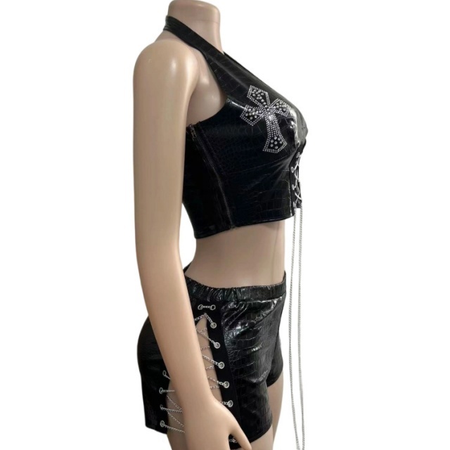 PU Leather Halter Neck Top Chains Laced-up Mini Short Set