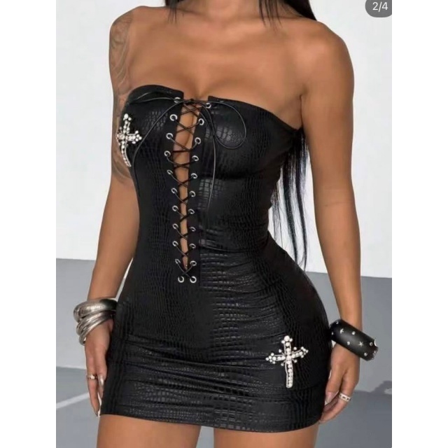 Strapless Hollow Out Laced-up Pu Bodycon Dress