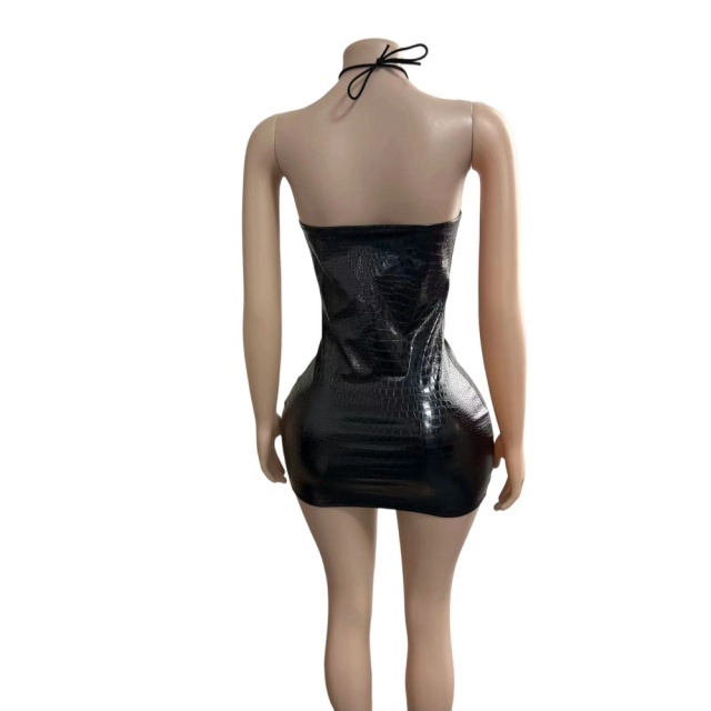Strapless Hollow Out Laced-up Pu Bodycon Dress