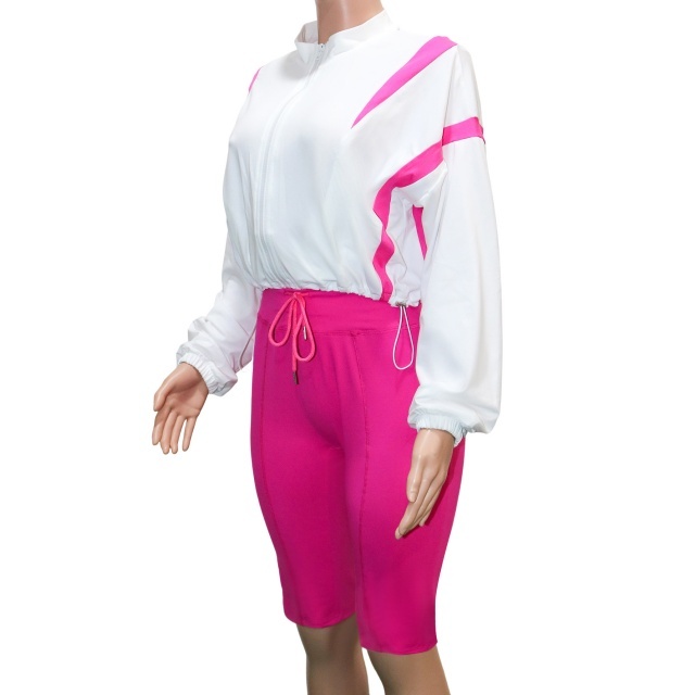 Color Block Drawstring Jacket Top Sport Short Set