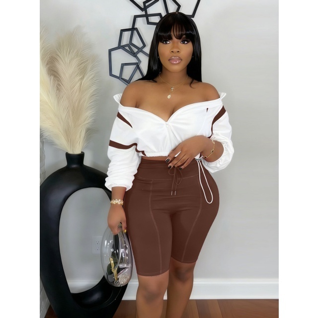 Color Block Drawstring Jacket Top Sport Short Set