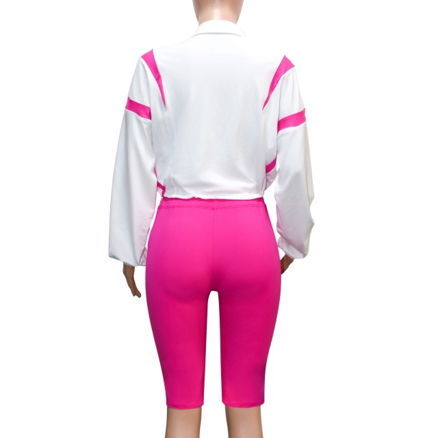 Color Block Drawstring Jacket Top Sport Short Set