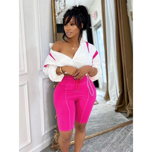 Color Block Drawstring Jacket Top Sport Short Set