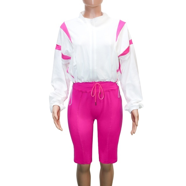 Color Block Drawstring Jacket Top Sport Short Set