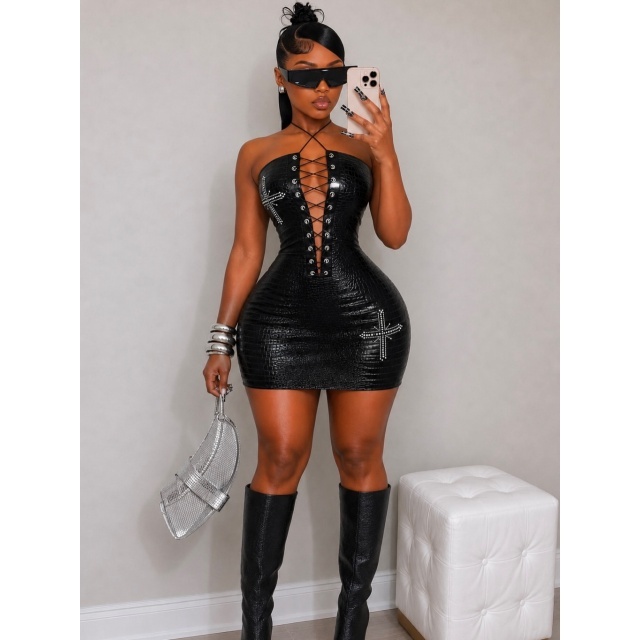 Strapless Hollow Out Laced-up Pu Bodycon Dress