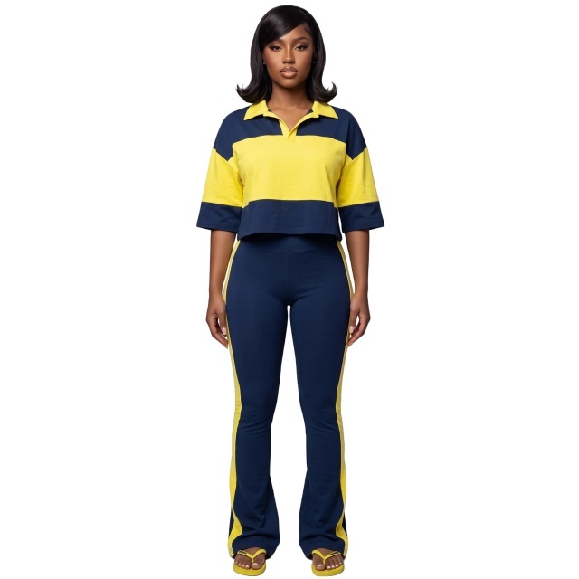 Colorblock Striped Printed Polo Top Flare Pant Set