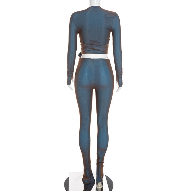 Gradient Long-sleeve V Neck Cropped Top Fitted Pant Set