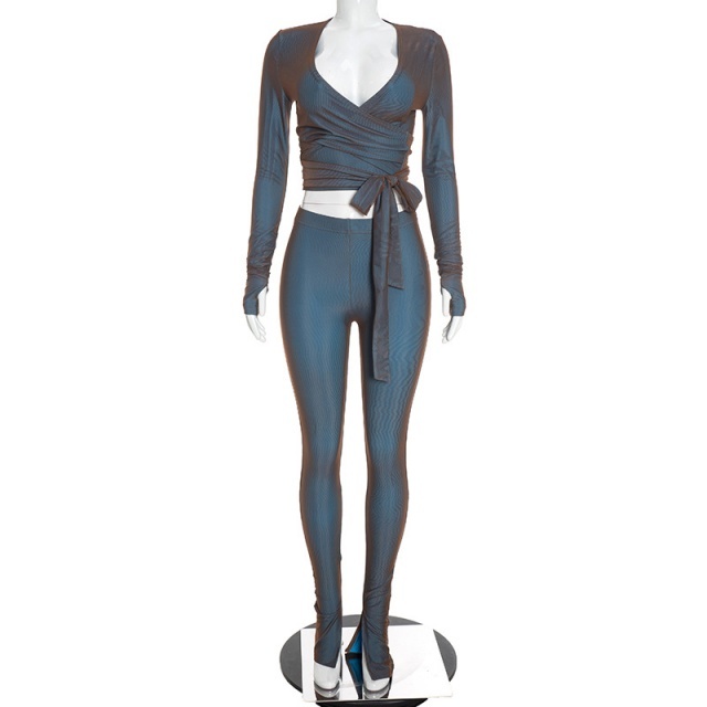 Gradient Long-sleeve V Neck Cropped Top Fitted Pant Set