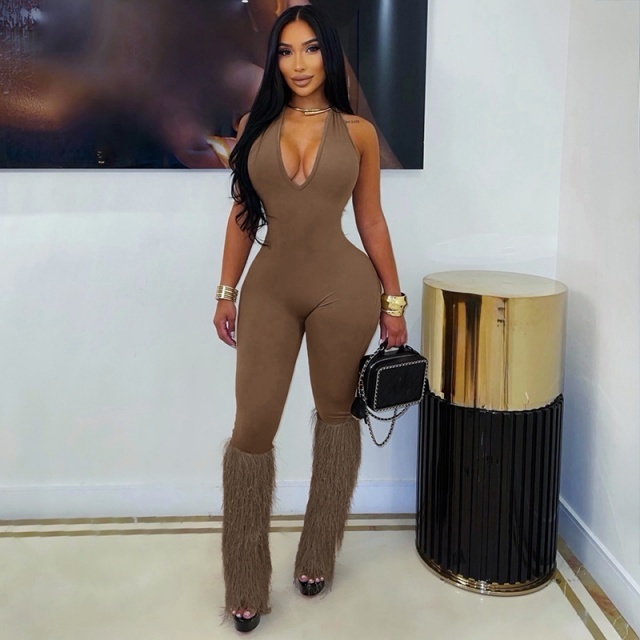 Halter Neck Sleeveless Patchwork Tassels Fitted Jumpsuit