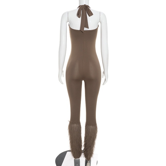 Halter Neck Sleeveless Patchwork Tassels Fitted Jumpsuit