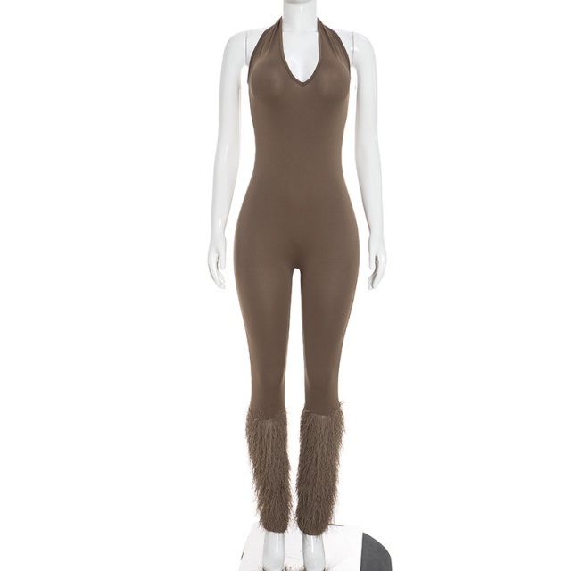 Halter Neck Sleeveless Patchwork Tassels Fitted Jumpsuit