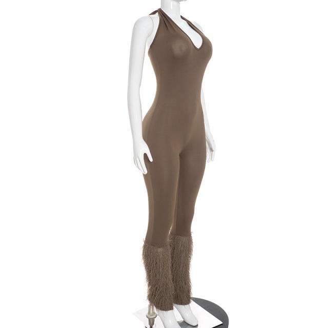 Halter Neck Sleeveless Patchwork Tassels Fitted Jumpsuit