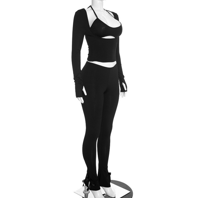 Hollow Out Cropped Top Fitted Pant Set 3 Pieces