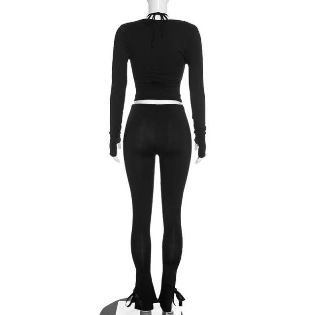 Hollow Out Cropped Top Fitted Pant Set 3 Pieces