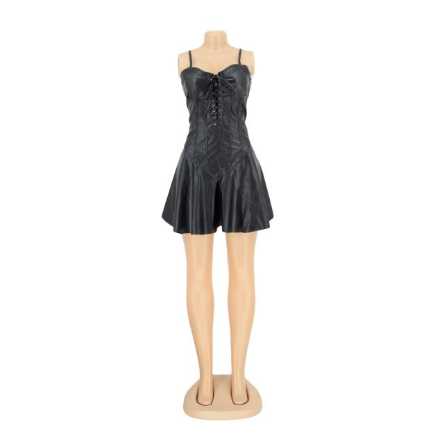 Hollow Out Laced-up PU Leather Cami Dress