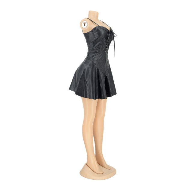 Hollow Out Laced-up PU Leather Cami Dress
