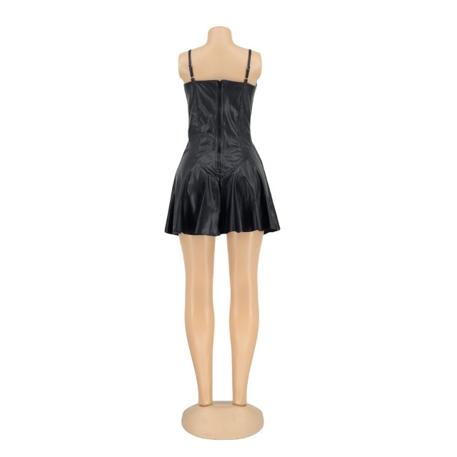 Hollow Out Laced-up PU Leather Cami Dress