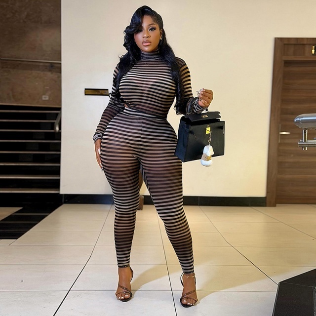 Sheer Mesh Striped High Crop Top Skinny Legging Set