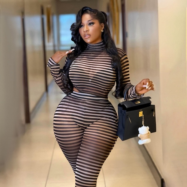 Sheer Mesh Striped High Crop Top Skinny Legging Set