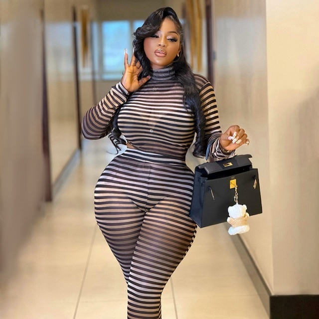 Sheer Mesh Striped High Crop Top Skinny Legging Set