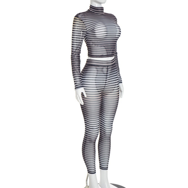 Sheer Mesh Striped High Crop Top Skinny Legging Set