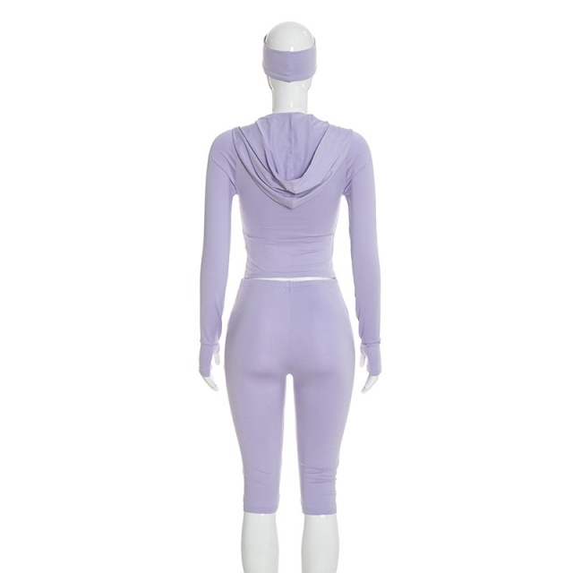 Solid Color Hooded Top Cropped Pant Set with Headband