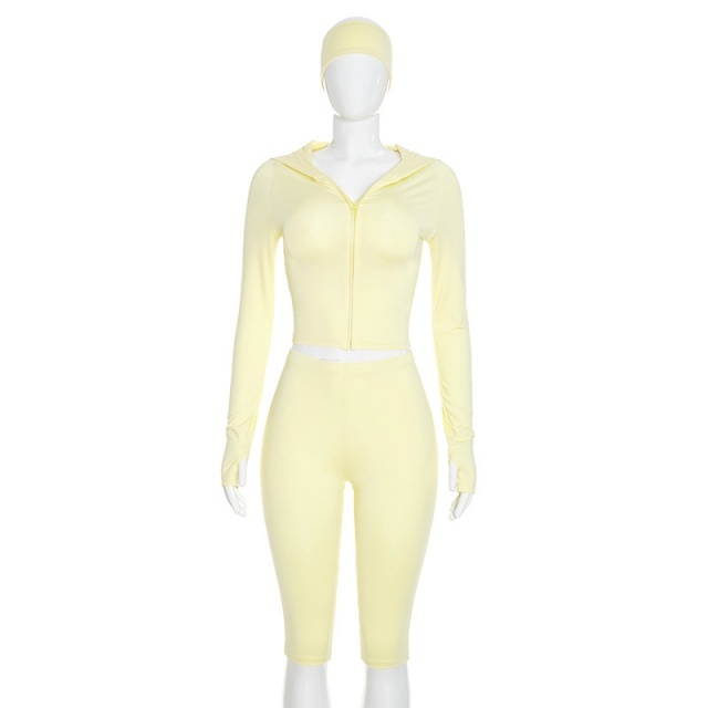 Solid Color Hooded Top Cropped Pant Set with Headband
