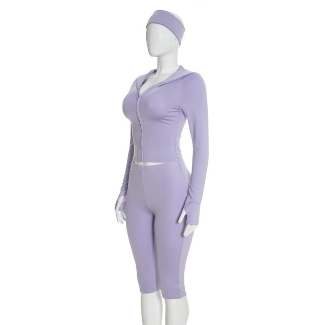 Solid Color Hooded Top Cropped Pant Set with Headband