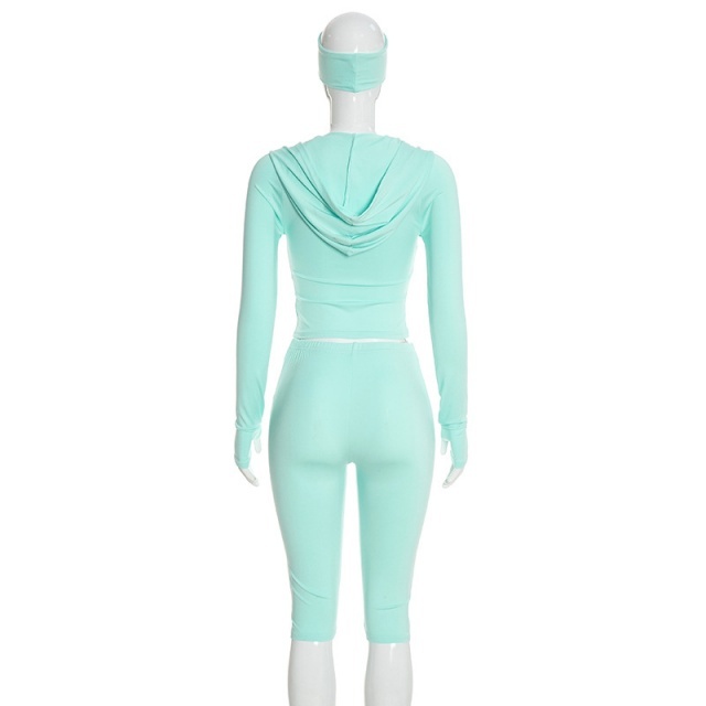 Solid Color Hooded Top Cropped Pant Set with Headband