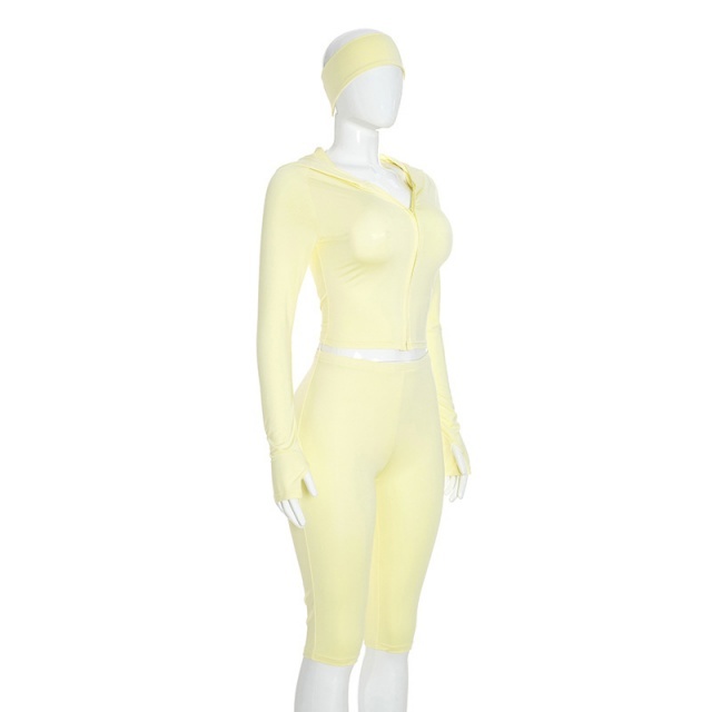 Solid Color Hooded Top Cropped Pant Set with Headband