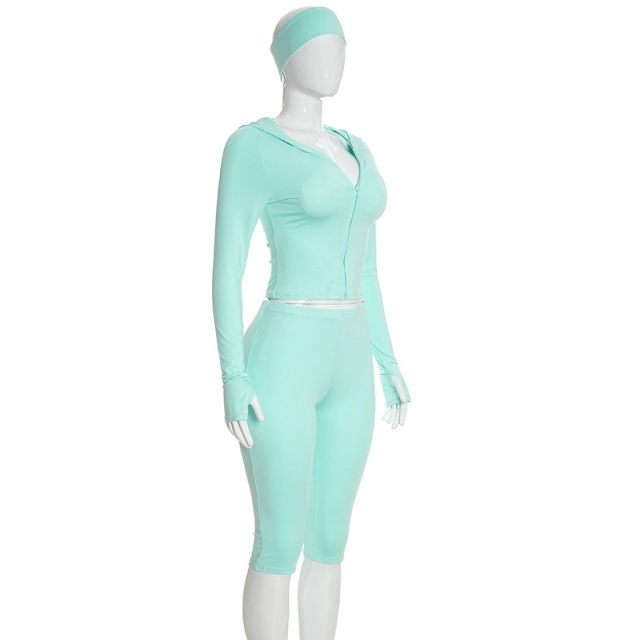 Solid Color Hooded Top Cropped Pant Set with Headband