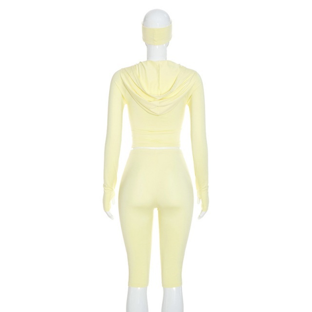 Solid Color Hooded Top Cropped Pant Set with Headband