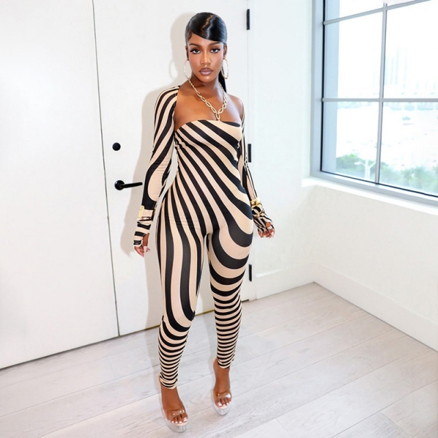 Striped Long-sleeve Shrug Strapless Jumpsuit Set
