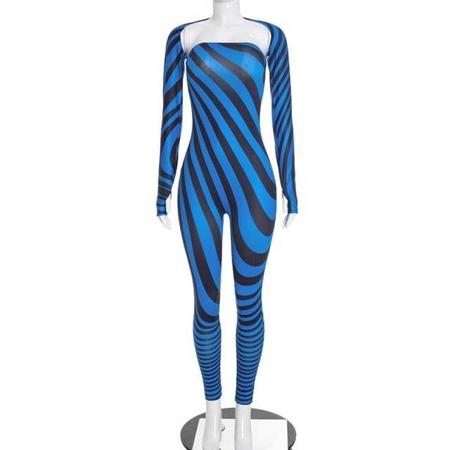 Striped Long-sleeve Shrug Strapless Jumpsuit Set