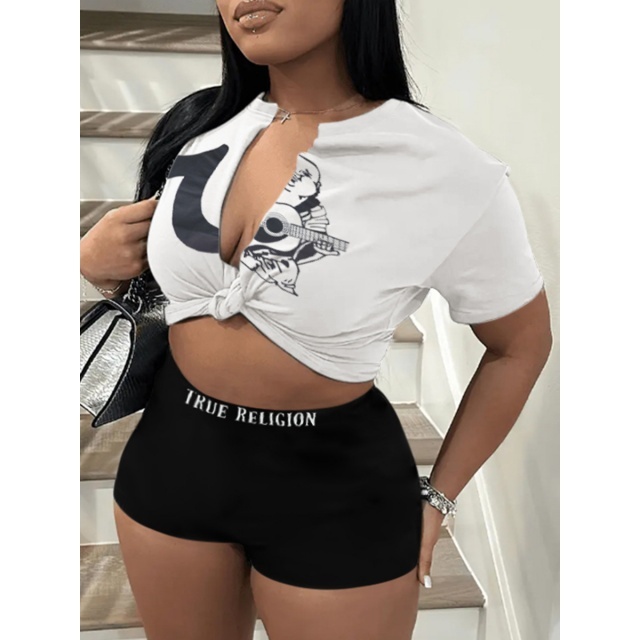 Chic Printed Tie-up Cropped Top Fitted Short Set
