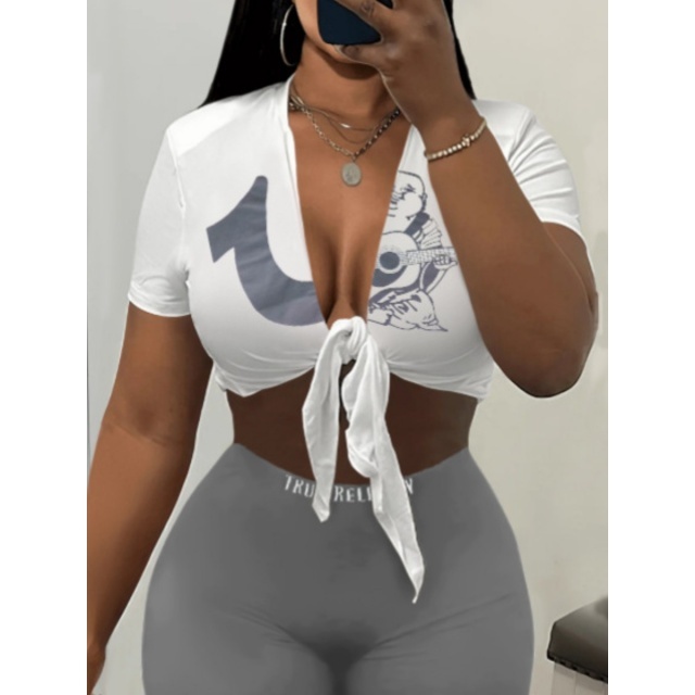 Chic Printed Tie-up Cropped Top Fitted Short Set