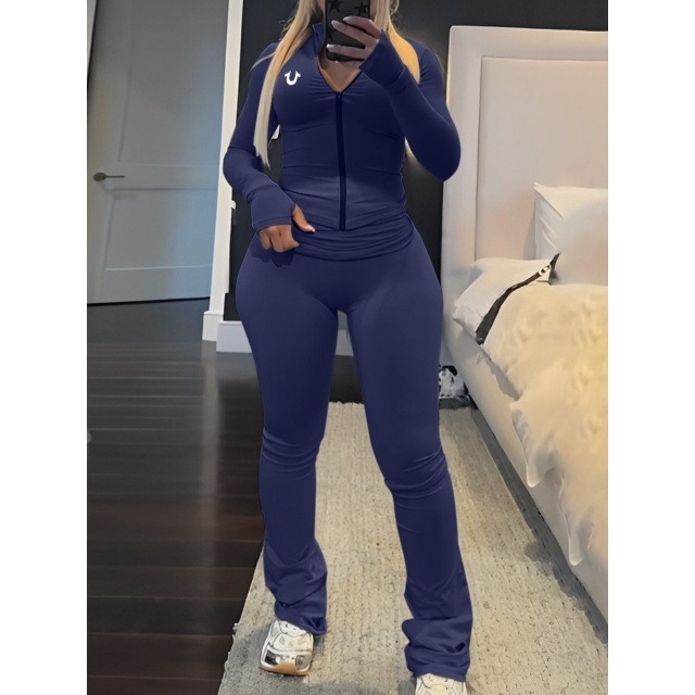 Letters Printed Long Sleeve Top Fitted Pant Set