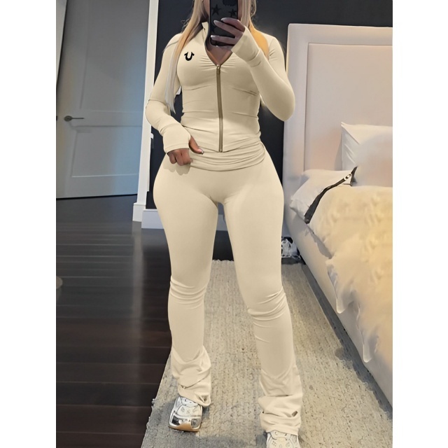Letters Printed Long Sleeve Top Fitted Pant Set