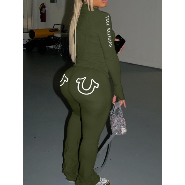 Letters Printed Long Sleeve Top Fitted Pant Set