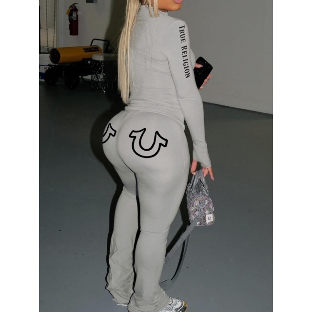 Letters Printed Long Sleeve Top Fitted Pant Set