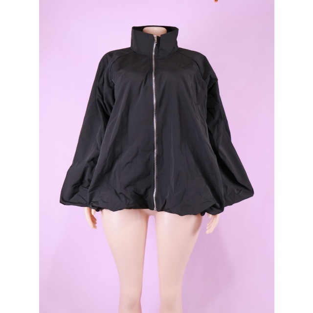 Solid Zipper Lantern Sleeve Jacket