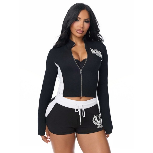 Colorblock Letters Printed Zipper Up Top Slim Fitted Short Set