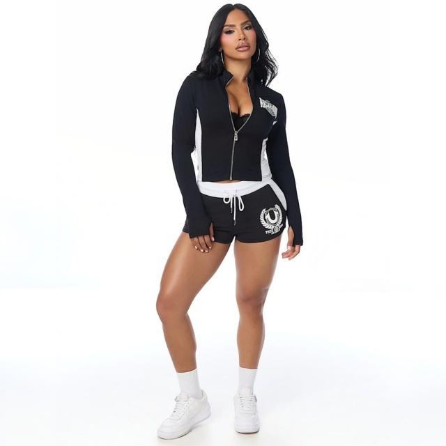 Colorblock Letters Printed Zipper Up Top Slim Fitted Short Set