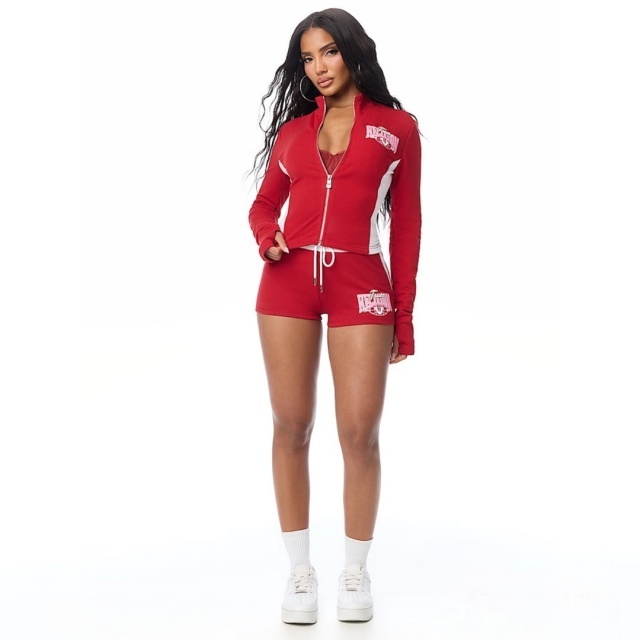 Colorblock Letters Printed Zipper Up Top Slim Fitted Short Set