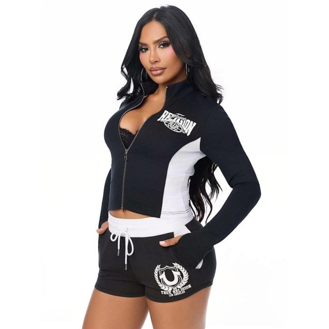 Colorblock Letters Printed Zipper Up Top Slim Fitted Short Set