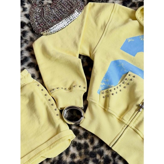 Riveted Cropped Zip-up Hoodie Shorts Set