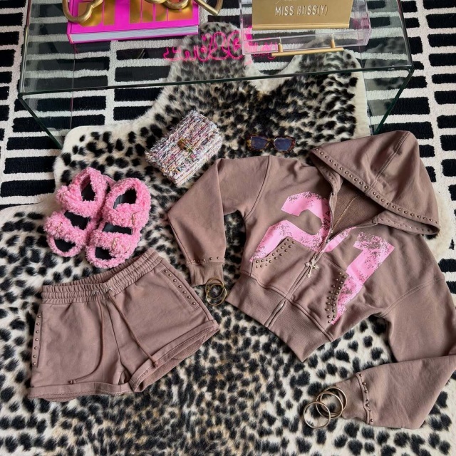 Riveted Cropped Zip-up Hoodie Shorts Set