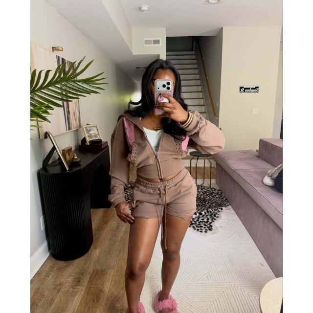 Riveted Cropped Zip-up Hoodie Shorts Set