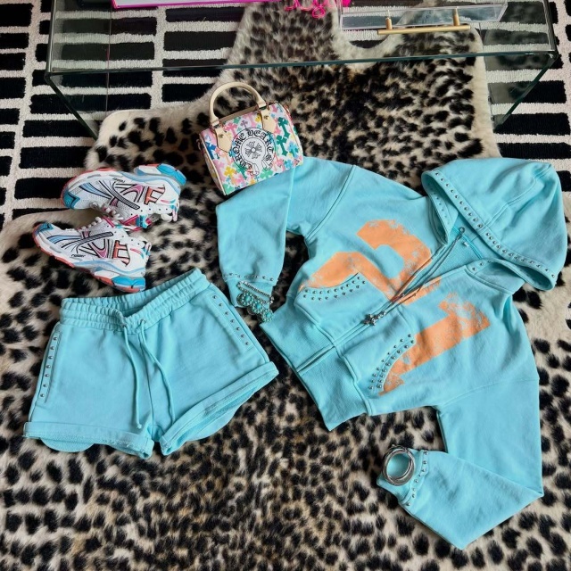 Riveted Cropped Zip-up Hoodie Shorts Set